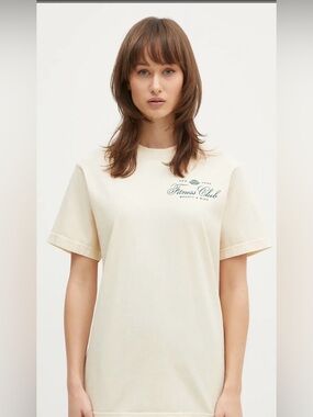 Sporty & Rich Cream Tee with Dark Green Script Logo